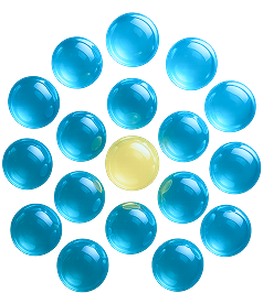 Cluster of blue circles with one yellow circle at the center, representing community inclusion.