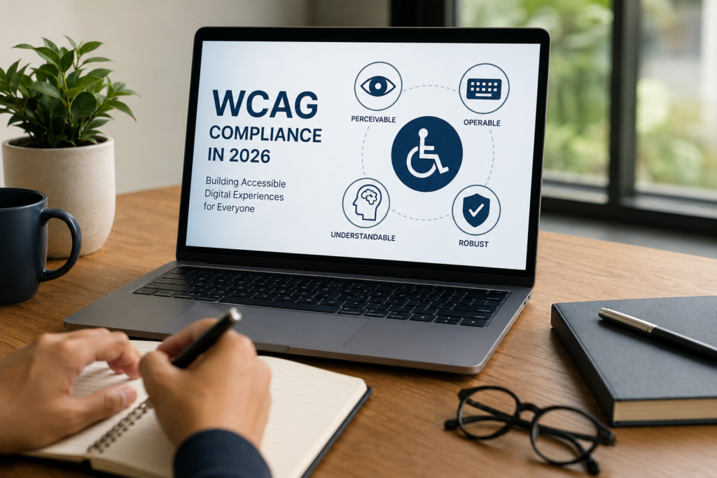 Laptop displaying WCAG compliance guidelines on a modern office desk, representing digital accessibility, accessibility audits, and WCAG 2.2 compliance for websites in India.