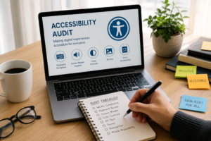 Person reviewing a website accessibility audit checklist beside a laptop displaying accessibility audit results.