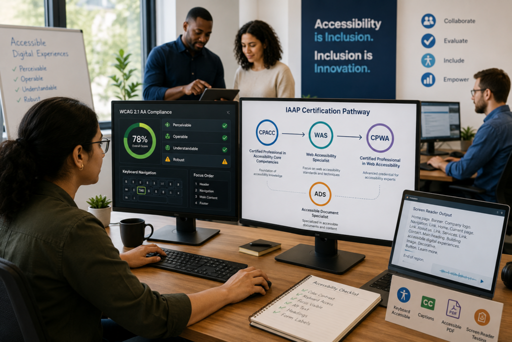 Accessibility professional reviewing IAAP certification pathways including CPACC, WAS, CPWA, and ADS while conducting WCAG compliance testing and assistive technology evaluation in a collaborative workplace.