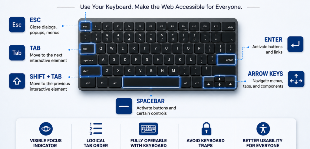 An infographic titled "Keyboard Navigation Testing Without Assistive Tools" featuring a keyboard in the center with highlighted keys used for accessibility testing. Callouts explain the purpose of each key: Esc closes dialogs, popups, and menus; Tab moves to the next interactive element; Shift + Tab moves to the previous interactive element; Enter activates buttons and links; Arrow Keys navigate menus, tabs, and components; and the Spacebar activates buttons and certain controls. A section at the bottom highlights five keyboard accessibility best practices: maintain a visible focus indicator, follow a logical tab order, ensure all functionality is keyboard operable, avoid keyboard traps, and improve usability for everyone. The design uses a clean blue-and-white corporate theme with accessibility-focused icons and labels.