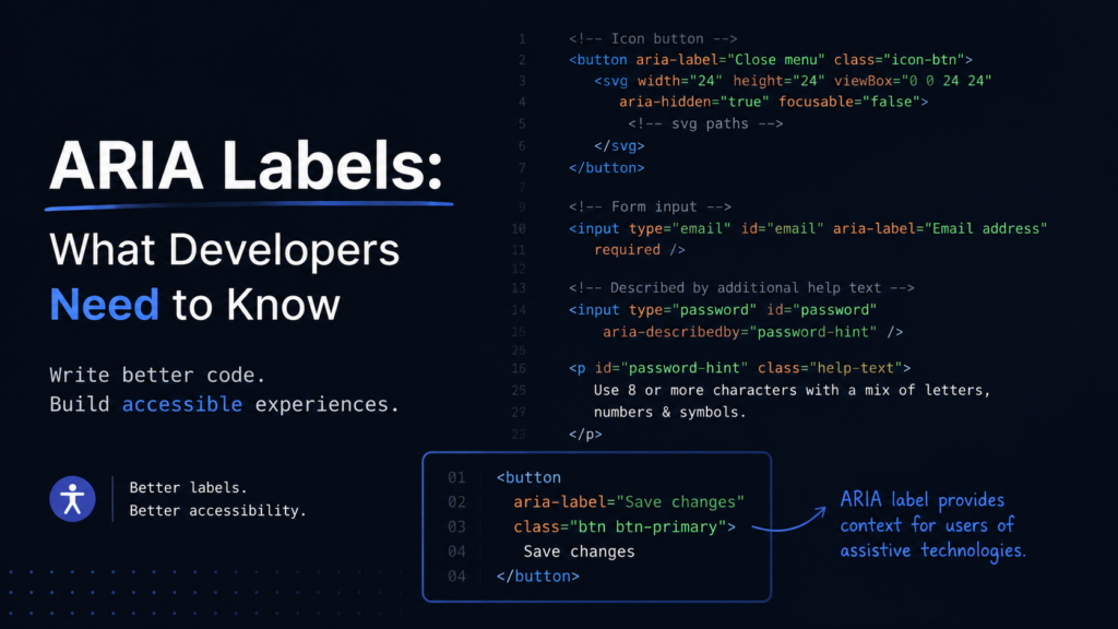 Illustration of HTML code demonstrating proper use of ARIA labels for improving web accessibility.