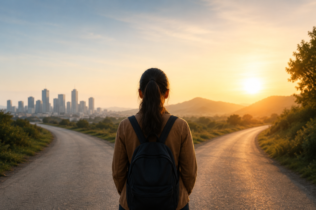 A person with a backpack stands at a fork in the road, looking toward the horizon, symbolizing a journey of resilience, career transformation, and finding purpose through accessibility.