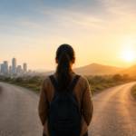 A person with a backpack stands at a fork in the road, looking toward the horizon, symbolizing a journey of resilience, career transformation, and finding purpose through accessibility.