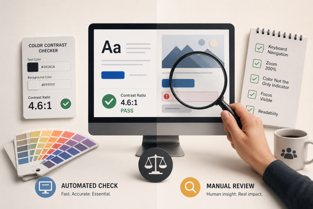 Illustration showing a color contrast checker alongside a manual accessibility review, with color swatches, a magnifying glass inspecting a user interface, and accessibility evaluation elements representing the combination of automated testing and human review for inclusive web design.