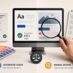 Illustration showing a color contrast checker alongside a manual accessibility review, with color swatches, a magnifying glass inspecting a user interface, and accessibility evaluation elements representing the combination of automated testing and human review for inclusive web design.