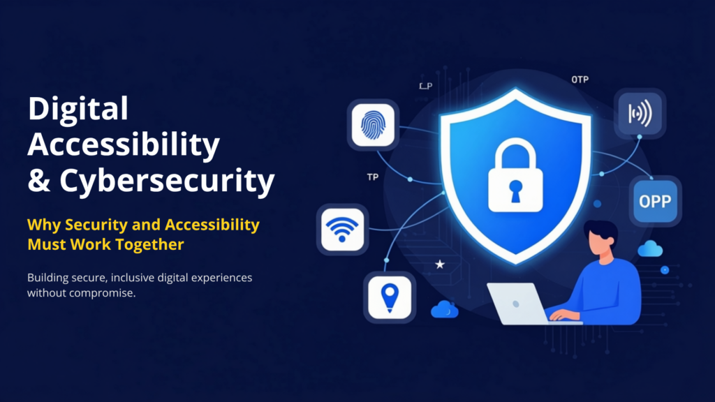 Blog banner on digital accessibility and cybersecurity featuring a security shield, accessibility icons, authentication symbols, and a person using a laptop, representing secure and inclusive digital experiences.