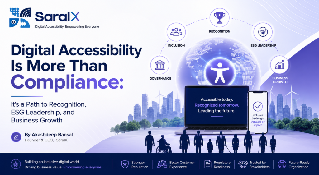 Digital accessibility beyond compliance, highlighting business growth, ESG leadership, governance, inclusion, and recognition with accessible website and mobile experiences.