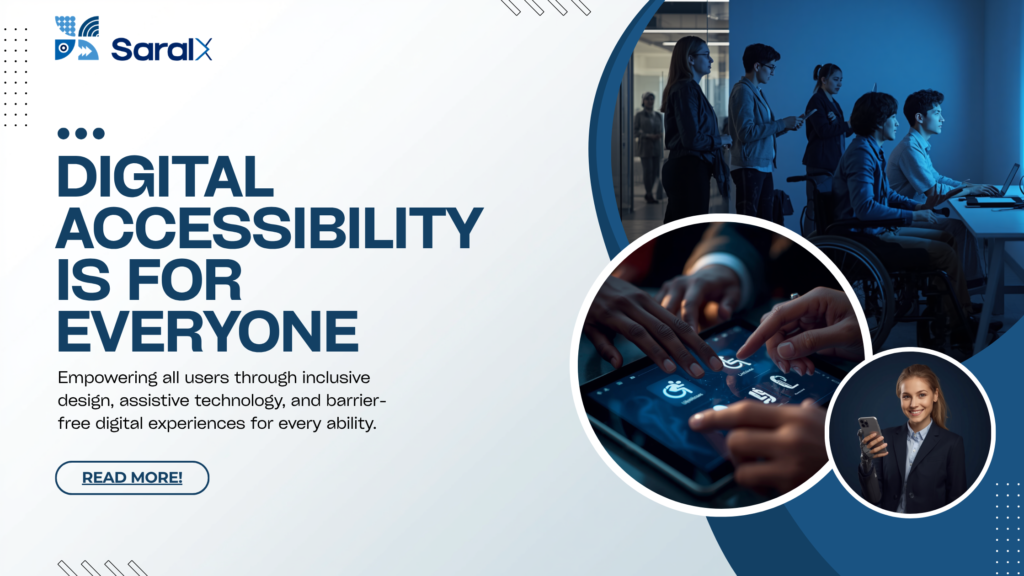 Digital accessibility banner showing people with diverse disabilities using accessible technology, highlighting inclusive digital experiences for users with visual, hearing, motor, cognitive, and speech disabilities
