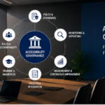 Enterprise accessibility governance framework connecting policy, accountability, processes, training, monitoring and continuous improvement