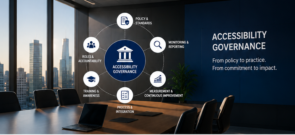 Enterprise accessibility governance framework connecting policy, accountability, processes, training, monitoring and continuous improvement