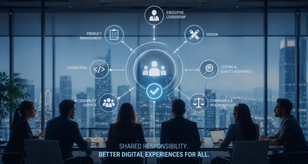 Enterprise teams collaborating on digital accessibility governance across product, design, engineering, testing and compliance