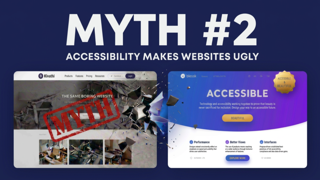 Banner for “Myth #2: Accessibility Makes Websites Ugly,” contrasting a dull website labeled “MYTH” with a vibrant, modern accessible website labeled “ACCESSIBLE & BEAUTIFUL."