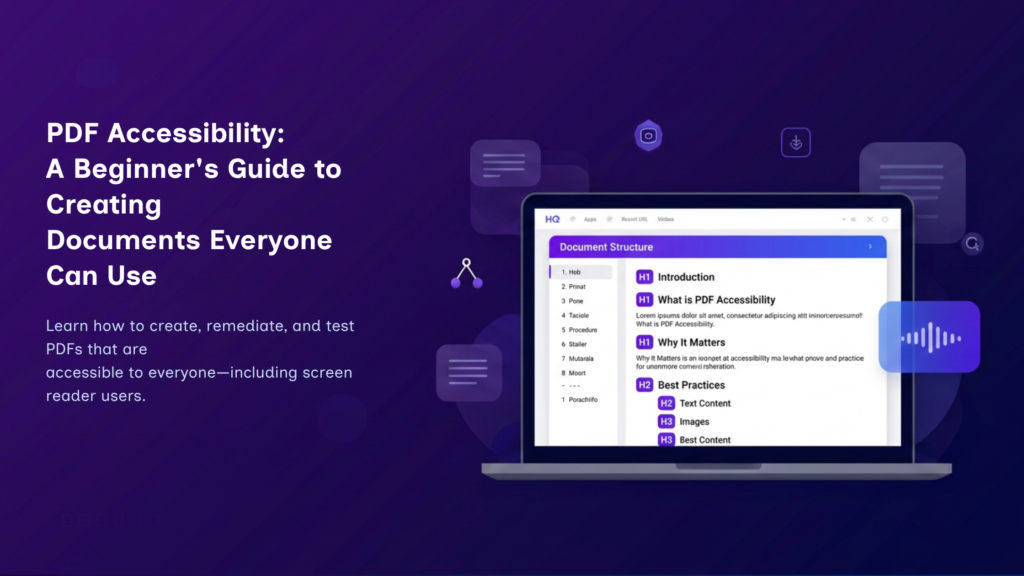 PDF accessibility banner showing a tagged PDF document and screen reader accessibility features.